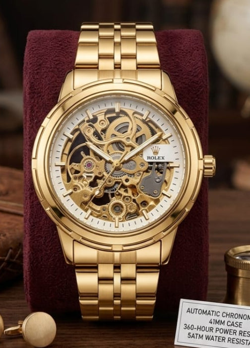 Gold Chain White Dial Mechanical Full Automatic Watch – Elegant Diamond Markers & Stainless Steel Band