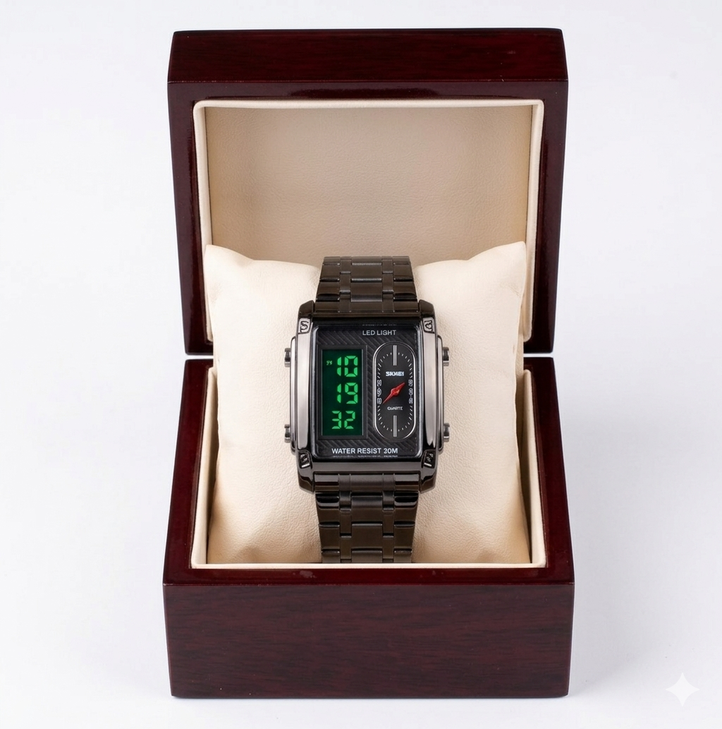 Skmei Digital and analog  Watch black chain Watch Date Style Watch – Elegant Diamond Markers & Stainless Steel Band