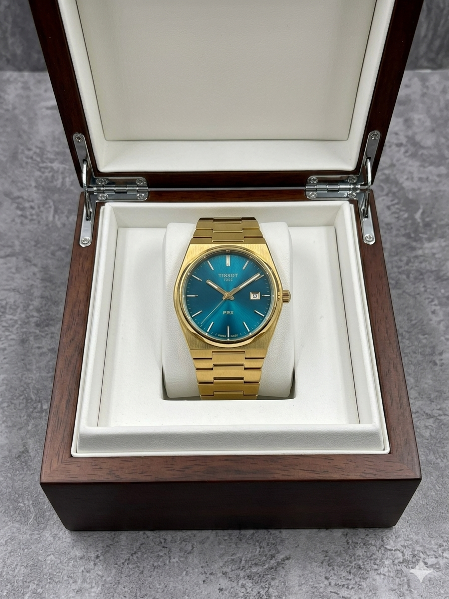 Gold Chain Blue Dial Watch Date Style Watch – Elegant Diamond Markers & Stainless Steel Band