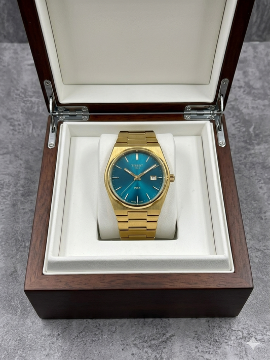 Gold Chain Blue Dial Watch Date Style Watch – Elegant Diamond Markers & Stainless Steel Band