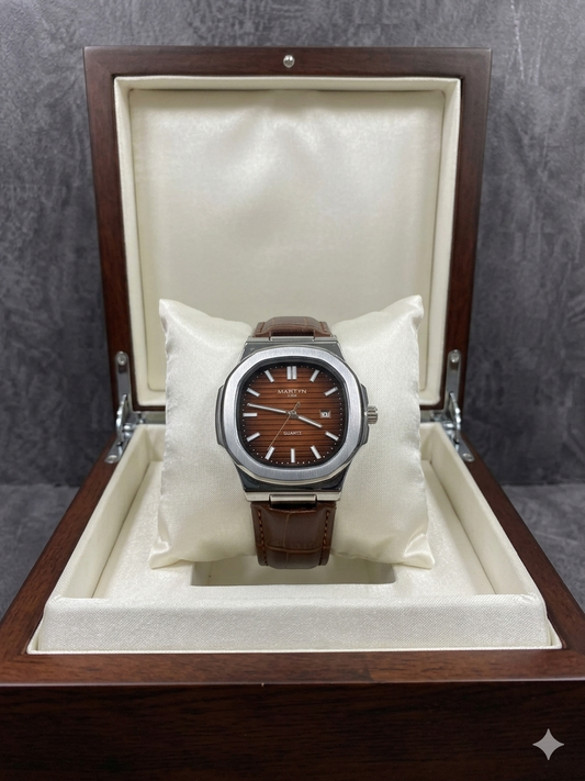 Brown, embossed leather strap brown horizontal-patterned dial watch date style watch ,Luxury Men's watch