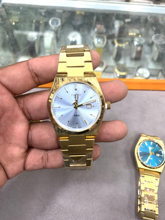 Gold Chain Blue Dial Watch Date Style Watch – Elegant Diamond Markers & Stainless Steel Band