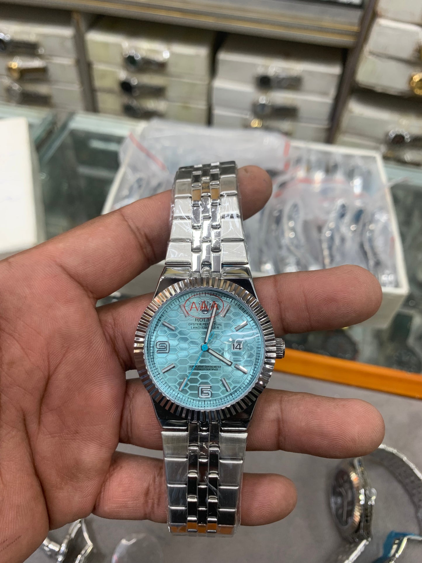 Light Green  Dial Watch Date Style Watch – Elegant Diamond Markers & Stainless Steel Band