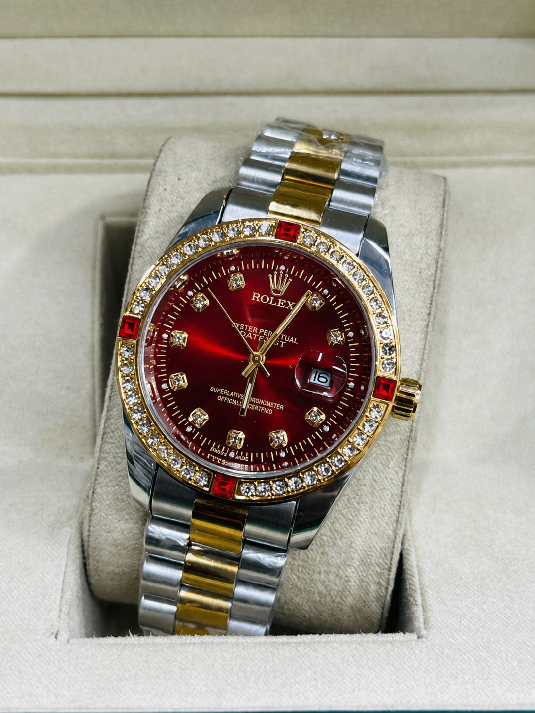 Two Tone Full Red  Dimond Dial Men's Watch – Luxury Stylish Wrist Watch for Men