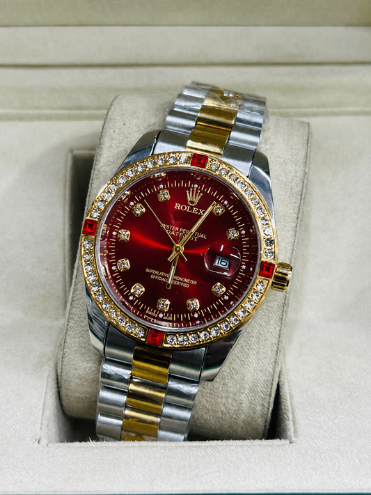 Two Tone Full Red  Dimond Dial Men's Watch – Luxury Stylish Wrist Watch for Men