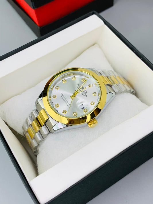 White  Dial Watch Date Style Watch – Elegant Diamond Markers & Stainless Steel Band