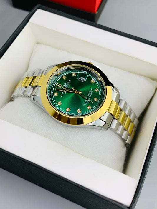 Green & White Dial Watch Date Style Watch – Elegant Diamond Markers & Stainless Steel Band