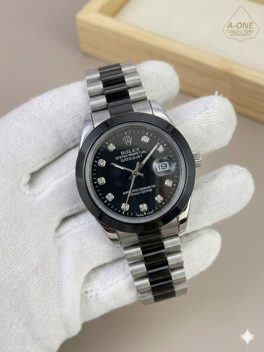 Black Chain Black Dial  Watch Date Style Watch – Elegant Diamond Markers & Stainless Steel Band