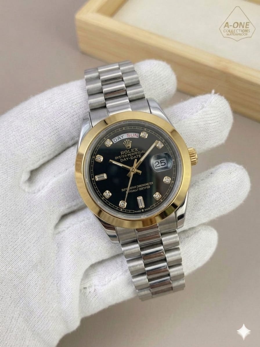 Silver  Chain Black Dial Watch Date Style Watch – Elegant Diamond Markers & Stainless Steel Band