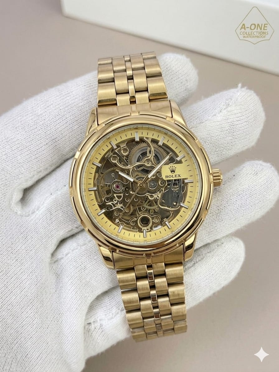 Gold Chain Black Dial Mechanical  Full Automatic Watch  – Elegant Diamond Markers & Stainless Steel Band