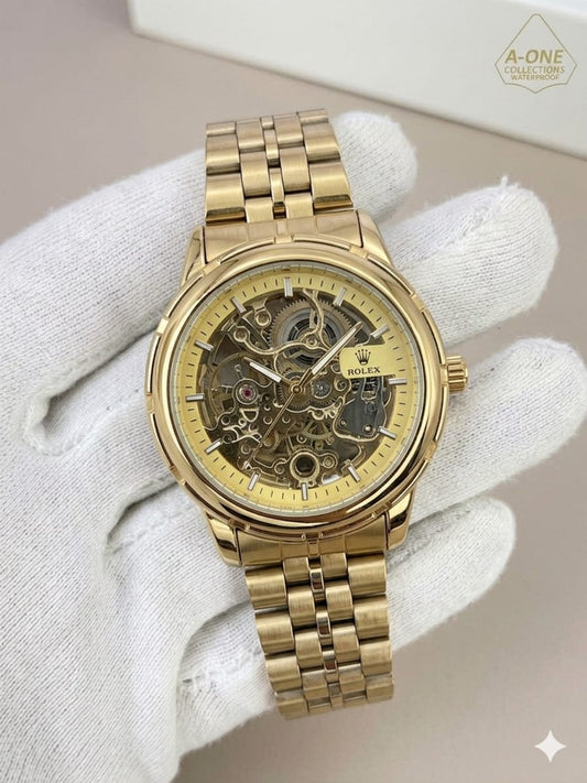 Gold Chain Black Dial Mechanical  Full Automatic Watch  – Elegant Diamond Markers & Stainless Steel Band