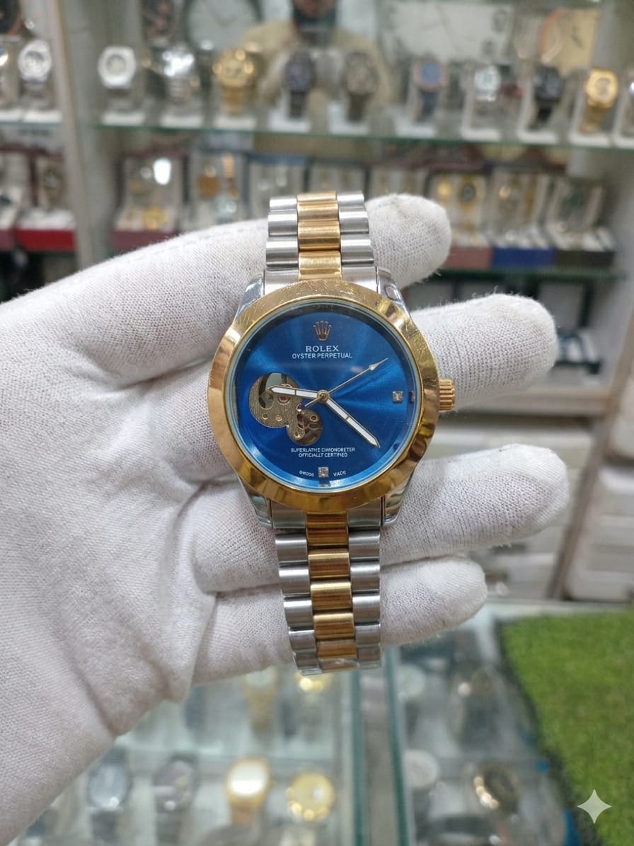 Gold Chain Blue  Dial Full Automatic Watch Date Style Watch – Elegant Diamond Markers & Stainless Steel Band