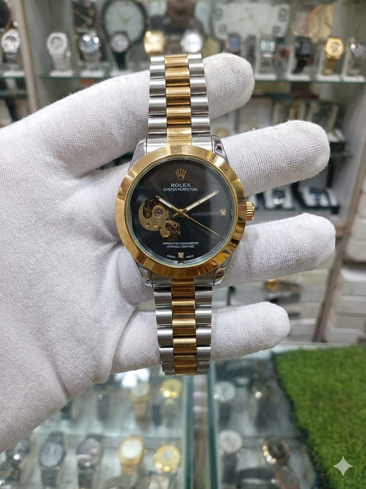 Gold  Chain Black Dial Full Automatic Watch Date Style Watch – Elegant Diamond Markers & Stainless Steel Band