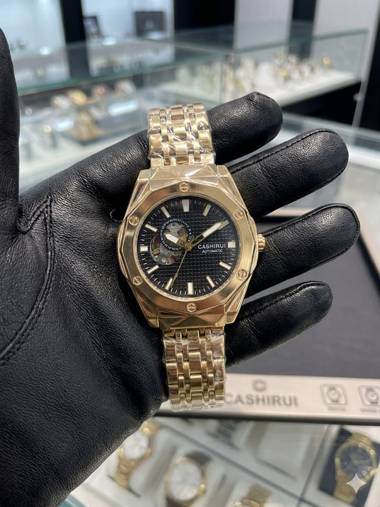 Gold Chain Black Dial  Original Full Automatic Watch Date Style Watch – Elegant Diamond Markers & Stainless Steel Band