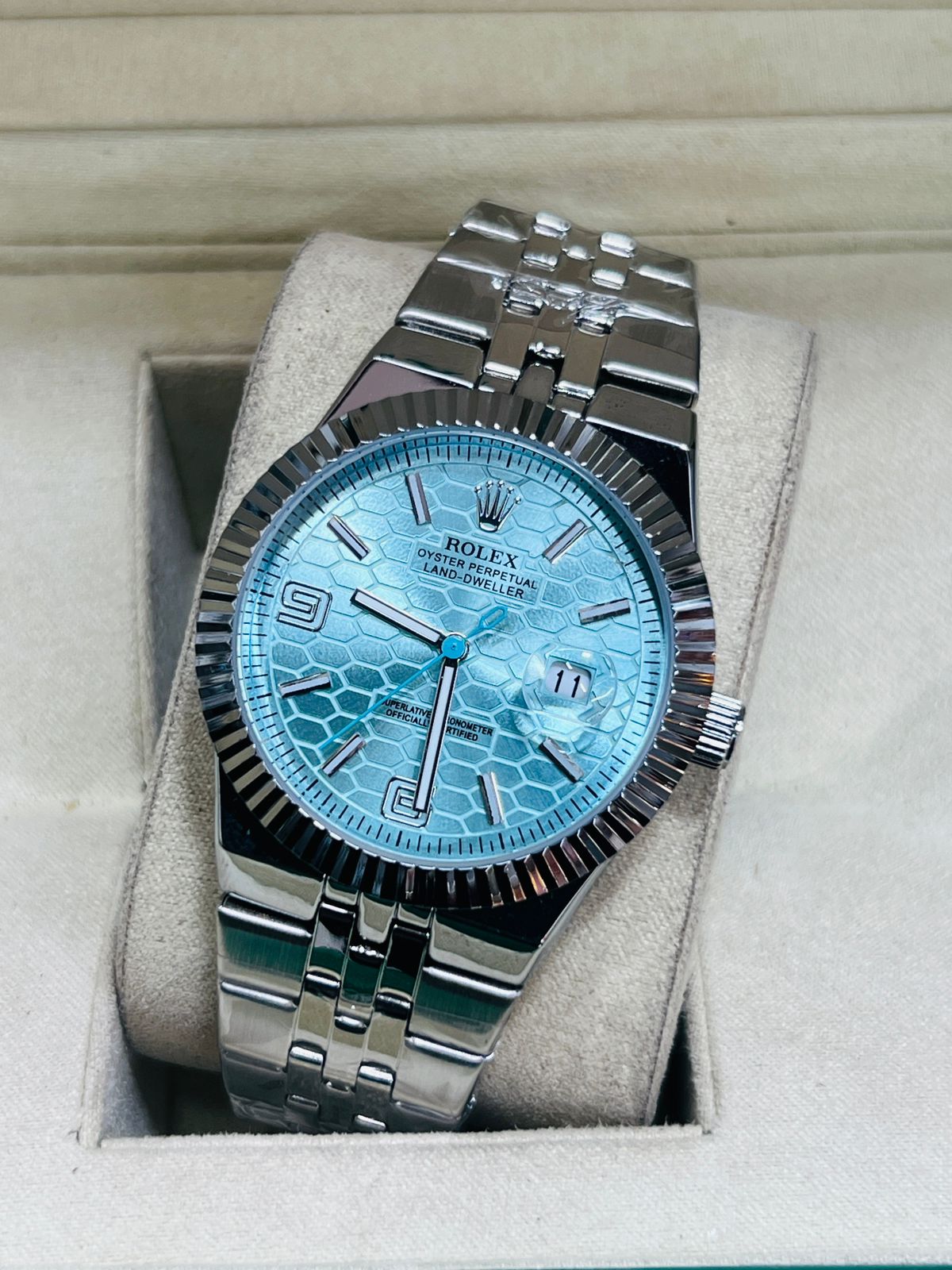 Light Green  Dial Watch Date Style Watch – Elegant Diamond Markers & Stainless Steel Band