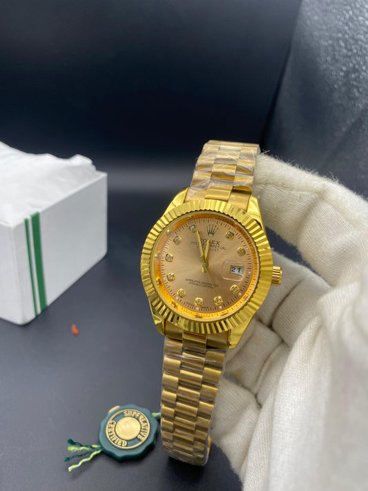 Premium Men Watch   Gold Dial Watch Date  & Time  – Elegant Diamond Markers & Stainless Steel Band