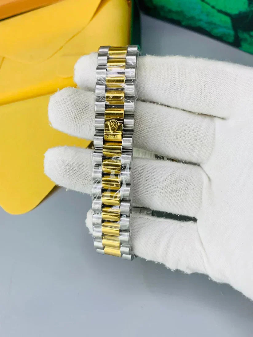 Gold Dial Watch Date Style Watch – Elegant Diamond Markers & Stainless Steel Band