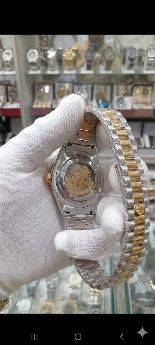 Gold  Chain Black Dial Full Automatic Watch Date Style Watch – Elegant Diamond Markers & Stainless Steel Band