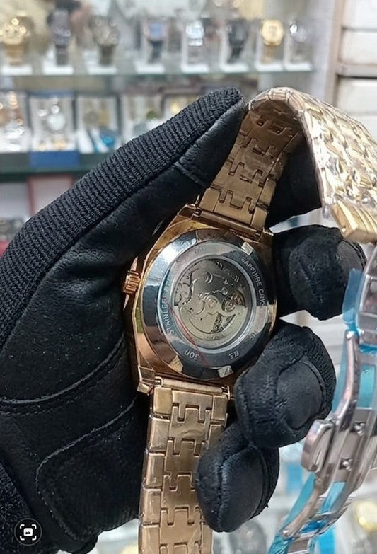 Gold Chain Black Dial  Original Full Automatic Watch Date Style Watch – Elegant Diamond Markers & Stainless Steel Band