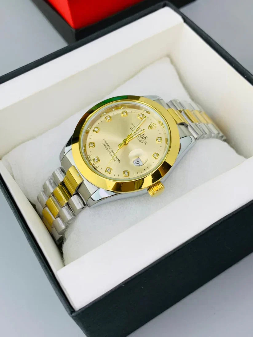 Gold Dial Watch Date Style Watch – Elegant Diamond Markers & Stainless Steel Band